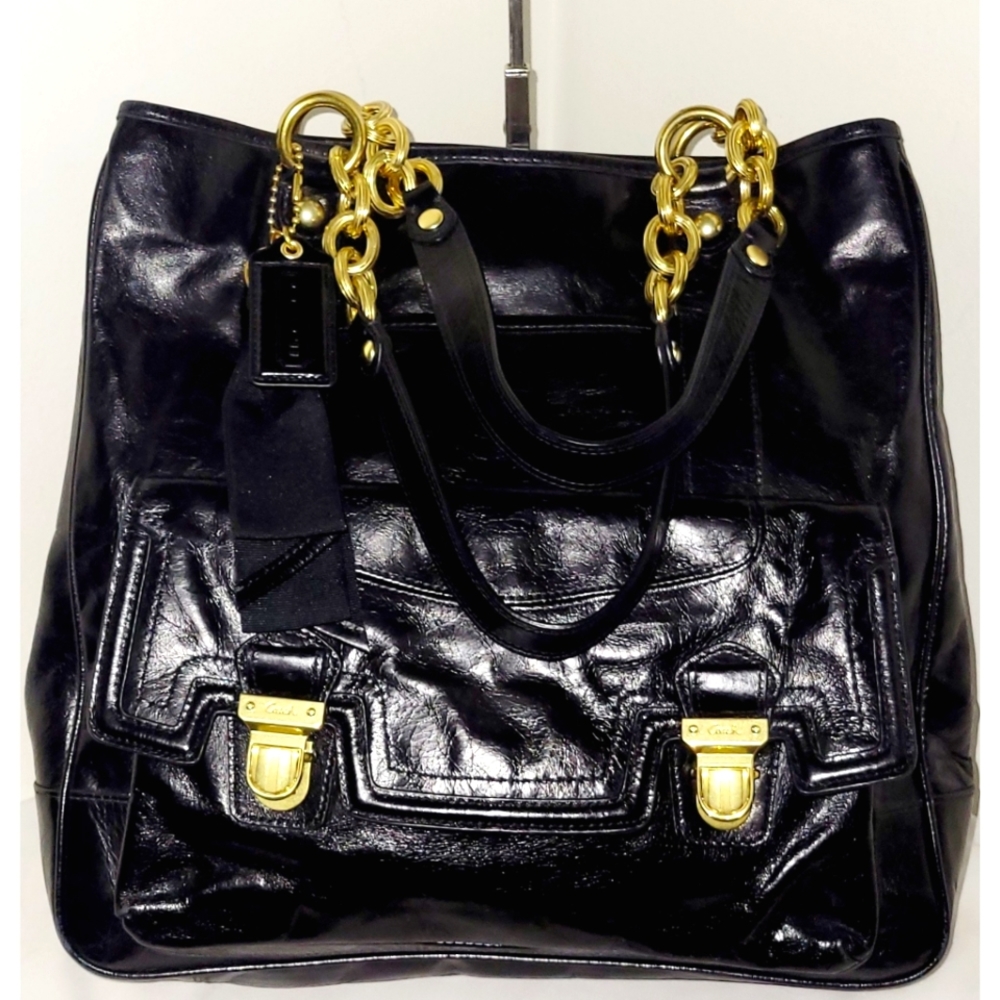 Coach 17924 Poppy Camelia Black Leather Pushlock Tote